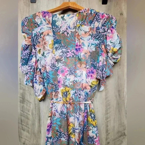 Anthropologie Akemi+Kin Valencia Sheer Multicolor Floral Boho Ruched Sleeves XS - Picture 14 of 16